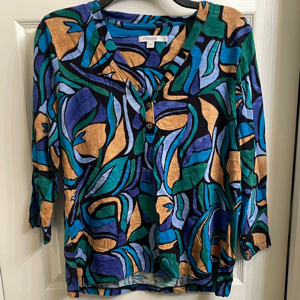 Chico's Blue Green Tan Abstract Button Down Shirt